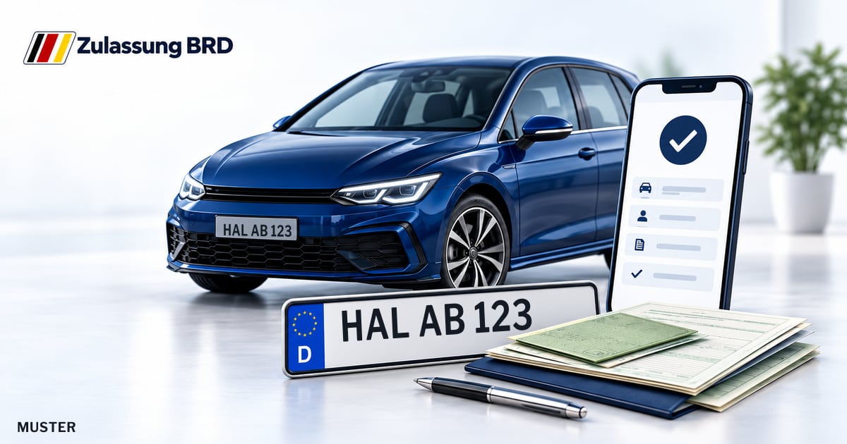 Online Fahrzeugzulassung in Halle (Saale): Musterkennzeichen HAL AB 123, Auto und Fahrzeugpapiere und Smartphone. Illustration mit Logo von Zulassung BRD.